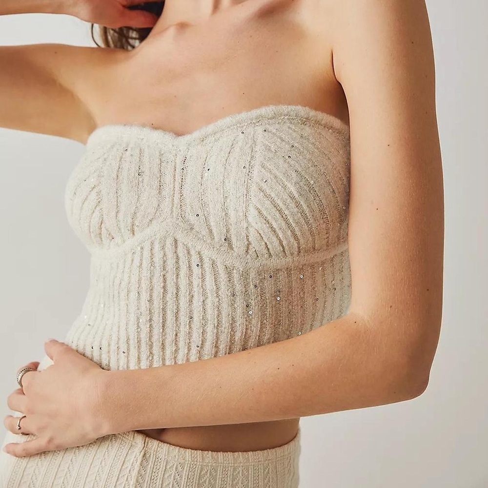 New Free People Lg Off White Sequin Bustier Ribbed Soft Sweater Boho Tube Crop